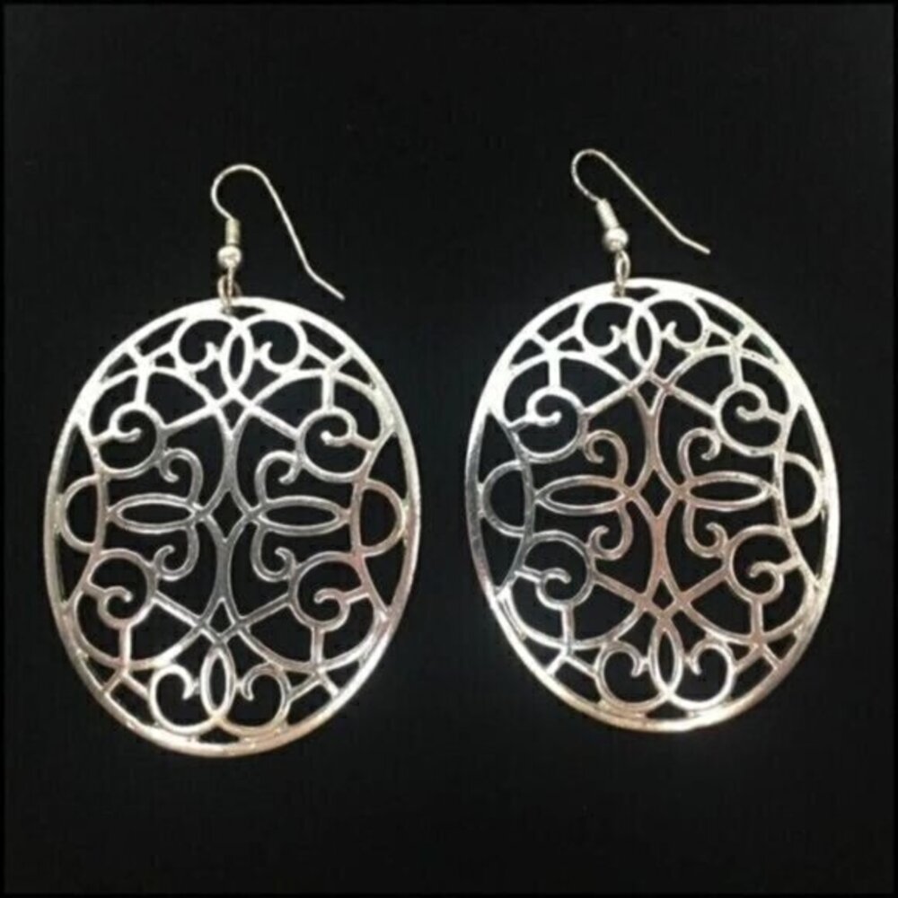 Filigree Hoop Earrings Silvertone Oval Hoop Stained Glass Dangle Design